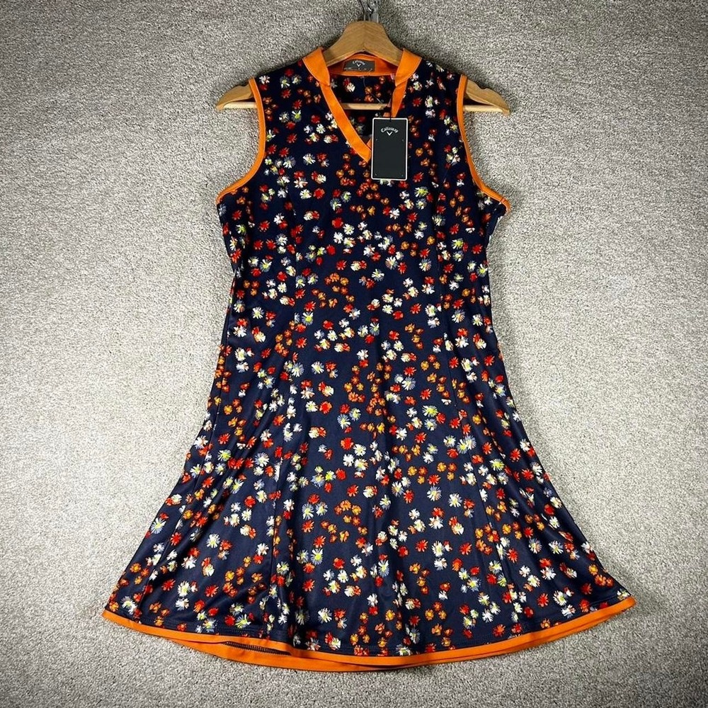 Callaway Golf Women's navy blue orange white floral Opti-Dri Dress SMALL BNWT